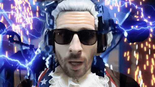 Man In Wig And Sunglasses With Blue Lightning Background GIF