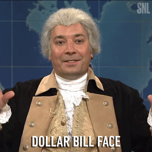 Man in Wig and Vest Saying Dollar Bill Face