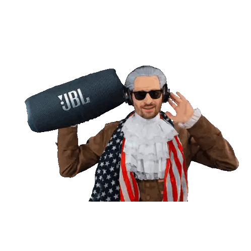 Man in Wig Holding JBL Speaker