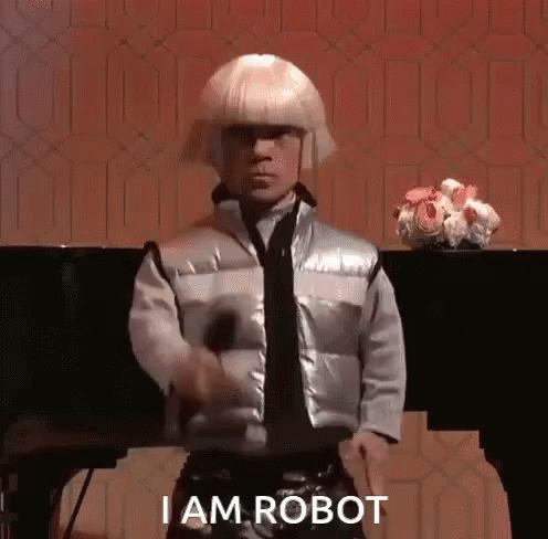 Man in Wig Saying I Am Robot