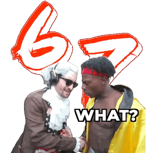 Man in Wig Shaking Hands With Man in Yellow Jacket Saying What