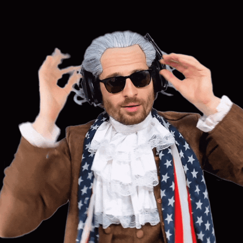 Man in Wig, Sunglasses, Headphones, American Flag Scarf