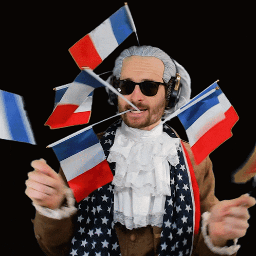 Man In Wig Sunglasses Holding French Flag In Mouth GIF