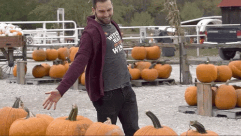 Man In Witch Shirt With Pumpkins GIF