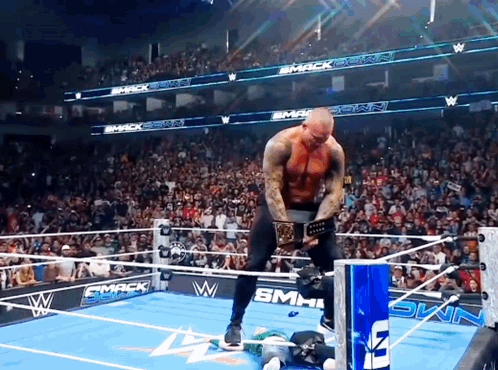 Man In Wrestling Ring With Smack Down Sign GIF