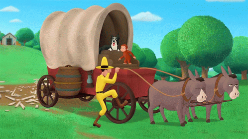 Man in Yellow Hat Pulling Wagon with Donkeys