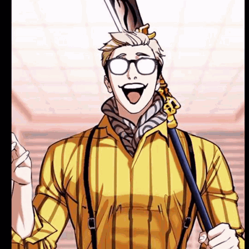 Man in Yellow Shirt and Suspenders Holding Sword Smiling