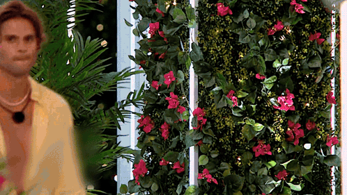 Man In Yellow Shirt Beside Flower Wall GIF