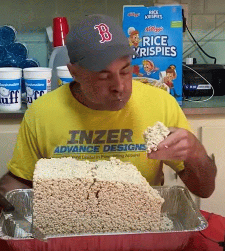 Man in Yellow Shirt Saying Inzer Advance Designs Eats Rice Krispies