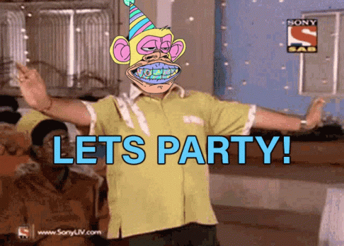 Man In Yellow Shirt With Monkey Saying Let's Party GIF