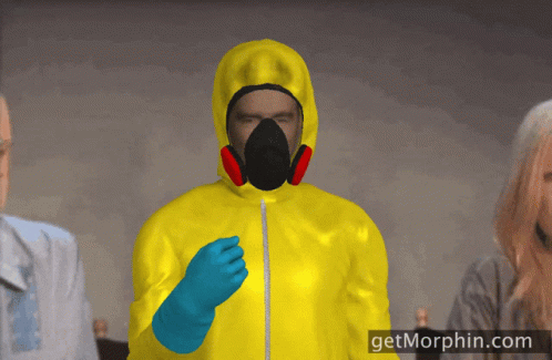 Man in Yellow Suit with Gas Mask and Blue Gloves at Getmorphin.com