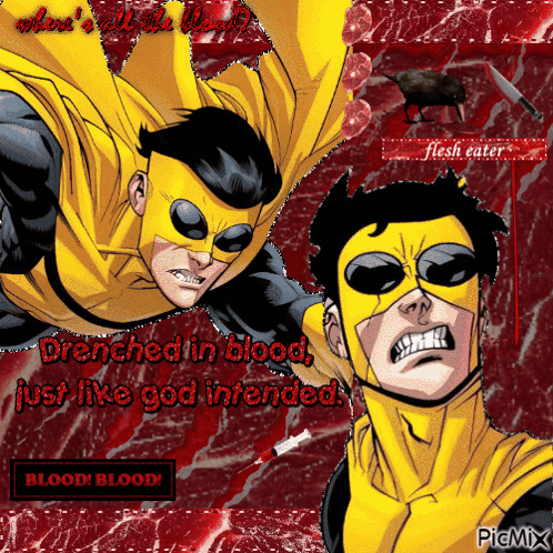 Man in Yellow Superhero Costume Saying Blood Blood