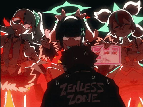 Man In Zenless Zone Shirt With Anime Characters GIF
