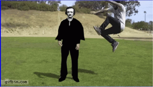 Man Jumping In Front Of Edgar Hopper Impersonator GIF