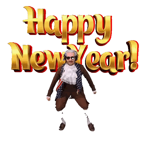 Man Jumping in Front of Happy New Year Sign