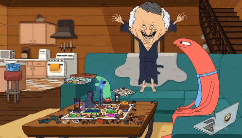 Man Jumping On Couch Next To Board Game GIF