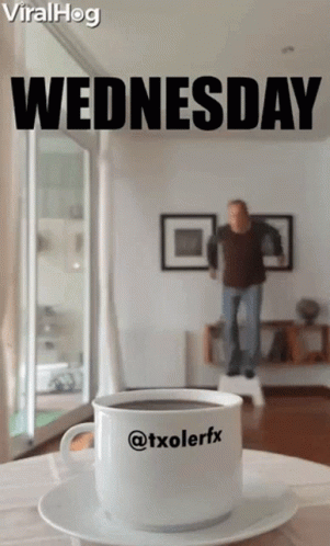 Man Jumping On Stool Next To Coffee Saying Wednesday GIF