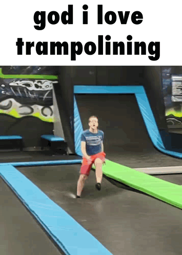 Man Jumping On Trampoline Saying God I Love Trampolining GIF