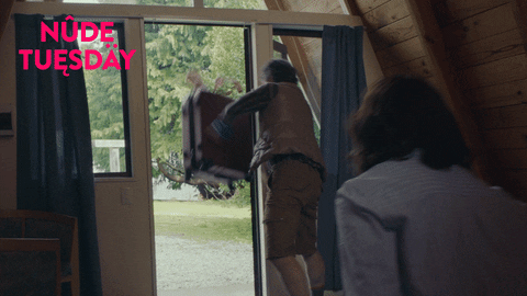 Man Kicked Out Throws Luggage Outside GIF