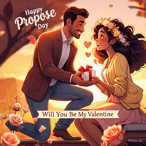 Man Kneeling Giving Gift to Woman Will You Be My Valentine