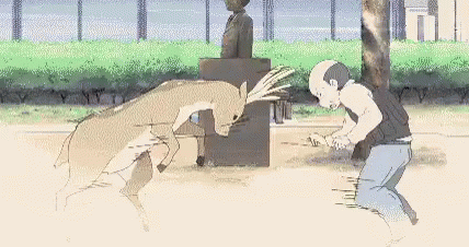 Man Kneeling While Two Sheep Fight