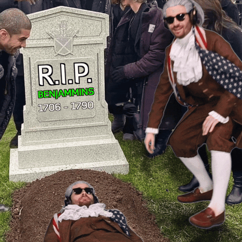 Man Laying In Dirt In Front Of Gravestone R.I.P. Benjamins 1706-1790 GIF