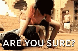 Man Laying on Another with Are You Sure