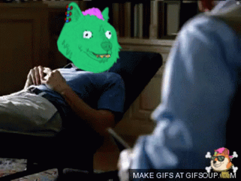 Man Laying on Couch With Green Dog Head