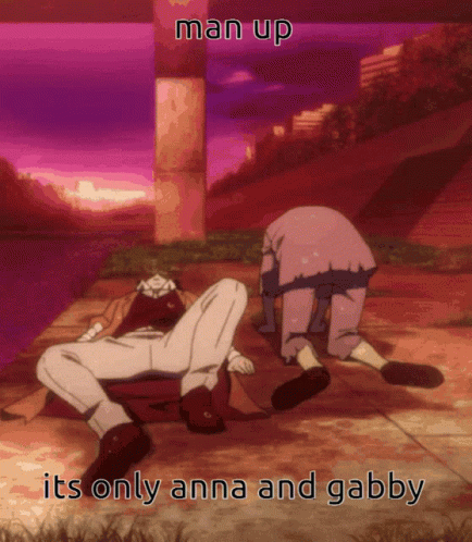 Man Laying on Ground Saying Man Up Its Only Anna and Gabby