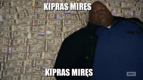Man Laying on Pile of Money Saying Kiprus Mires