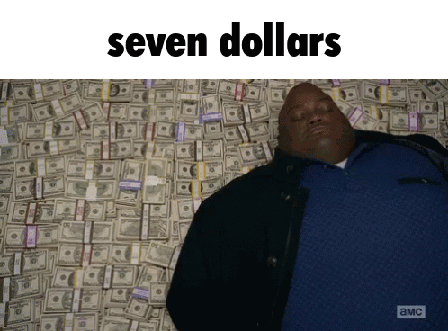 Man Laying On Pile Of Money Saying Seven Dollars GIF
