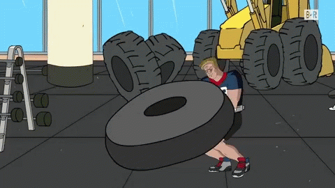 Man Lifting Tire with BR Letters