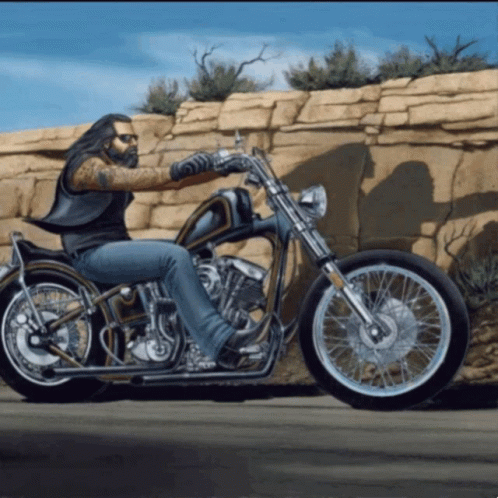 Man Long Hair Black and Gold Motorcycle