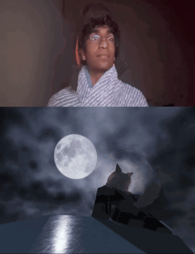 Man Looking at Full Moon While Cat Looks Down at Water