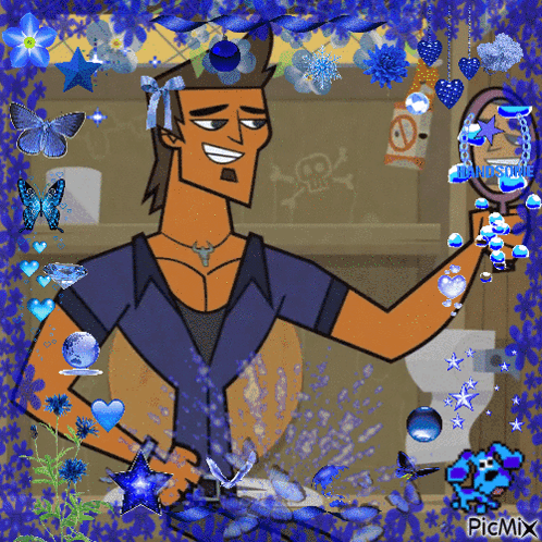 Man Looking in Mirror Surrounded by Blue Flowers