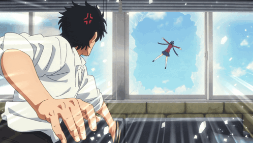 Man Looking Out Window At Flying Girl GIF