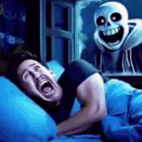 Man Lying in Bed Behind Skeleton