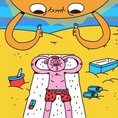 Man Lying on Beach with Sunscreen Bottle