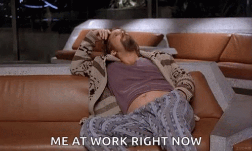 Man Lying on Couch Saying Me at Work