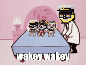 Man Next To Bed With Three Stuffed Animals Saying Wakey Wakey GIF