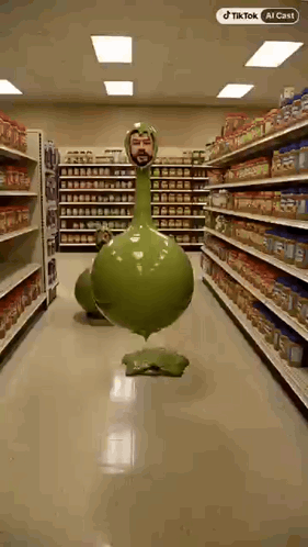Man Next To Green Long-Neck Balloon In Grocery GIF