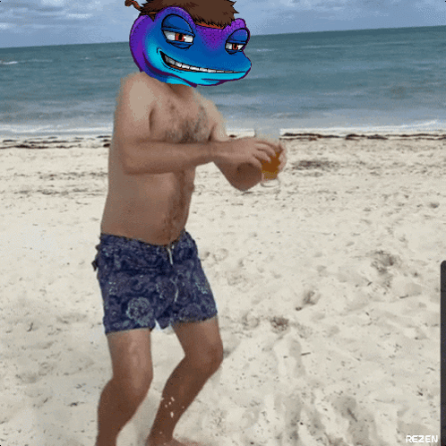 Man On Beach With Blue Lizard Head GIF