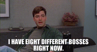 Man on Couch Saying I Have Eight Different Bosses