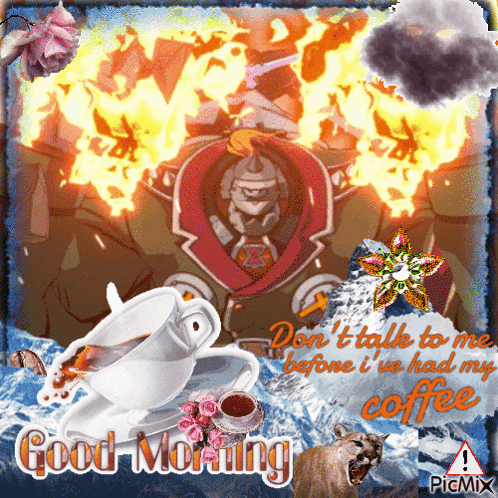 Man on Fire with Coffee Saying Good Morning