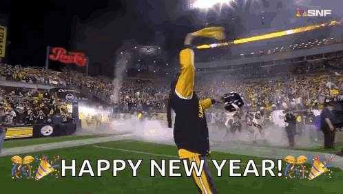 Man On Football Field With Flag Saying Happy New Year GIF