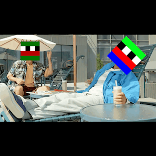 Man on Lawn Chair, Green White Blue Flag