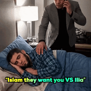 Man on Phone and Sleeping Man Saying Islam They Want You vs Ilia