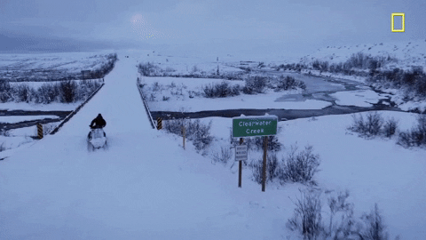Man On Snowmobile Crossing Snowy Bridge GIF