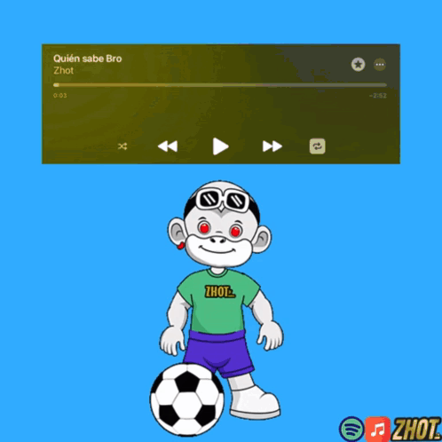 Man on Soccer Ball Next to Screen Saying Zhot