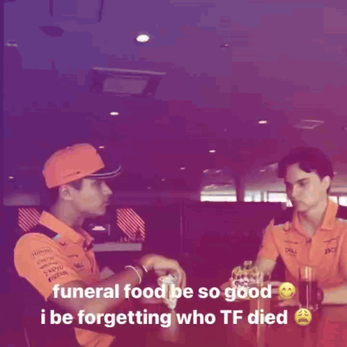 Man Orange Shirt Funeral Food Be So Good GIF